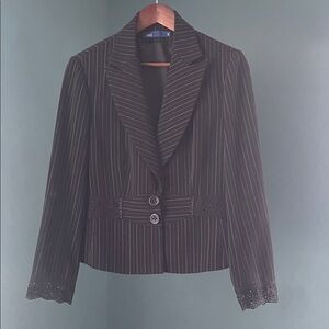 Aria Black Pinstripe Women's Blazer with bunched lace details
